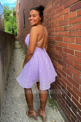 Misshow Lilac Sequins Homecoming Dress/Mini Dress with Criss Cross Back