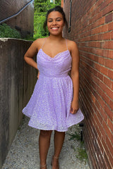 Misshow Lilac Sequins Homecoming Dress/Mini Dress with Criss Cross Back