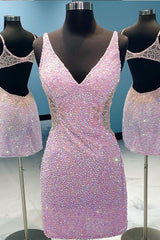 Misshow Lilac Sequins Homecoming Dress/Mini Dress with Open Back