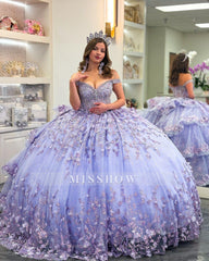 Misshow Lilac Sparkle Ball Gown Off-Shoulder Beaded Quinceanera Dress with 3D Floral Appliques & Tiered Tulle Skirt for Sweet 16 & Birthday Parties
