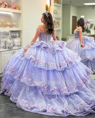 Misshow Lilac Sparkle Ball Gown Off-Shoulder Beaded Quinceanera Dress with 3D Floral Appliques & Tiered Tulle Skirt for Sweet 16 & Birthday Parties
