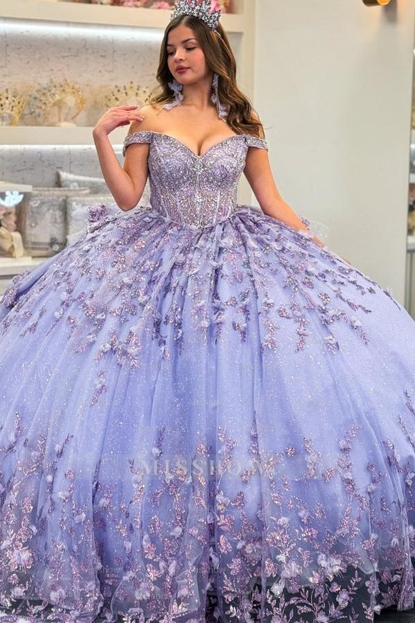 Misshow Lilac Sparkle Ball Gown Off-Shoulder Beaded Quinceanera Dress with 3D Floral Appliques & Tiered Tulle Skirt for Sweet 16 & Birthday Parties