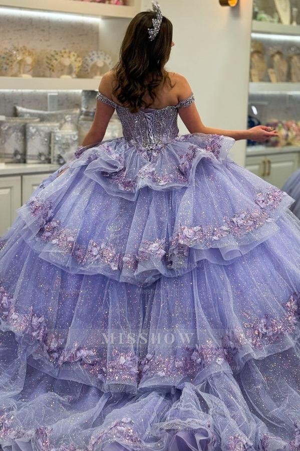 Misshow Lilac Sparkle Ball Gown Off-Shoulder Beaded Quinceanera Dress with 3D Floral Appliques & Tiered Tulle Skirt for Sweet 16 & Birthday Parties