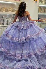 Misshow Lilac Sparkle Ball Gown Off-Shoulder Beaded Quinceanera Dress with 3D Floral Appliques & Tiered Tulle Skirt for Sweet 16 & Birthday Parties