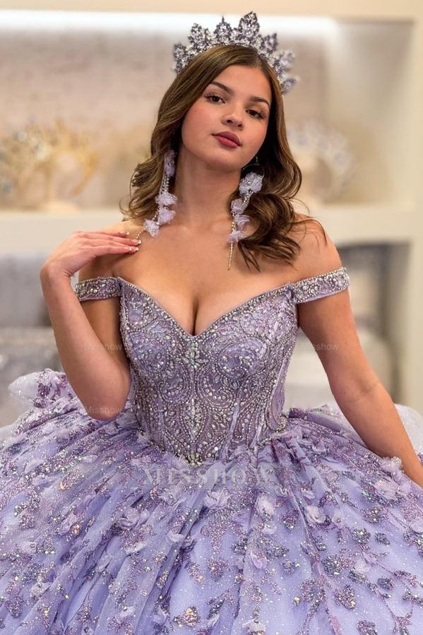 Misshow Lilac Sparkle Ball Gown Off-Shoulder Beaded Quinceanera Dress with 3D Floral Appliques & Tiered Tulle Skirt for Sweet 16 & Birthday Parties