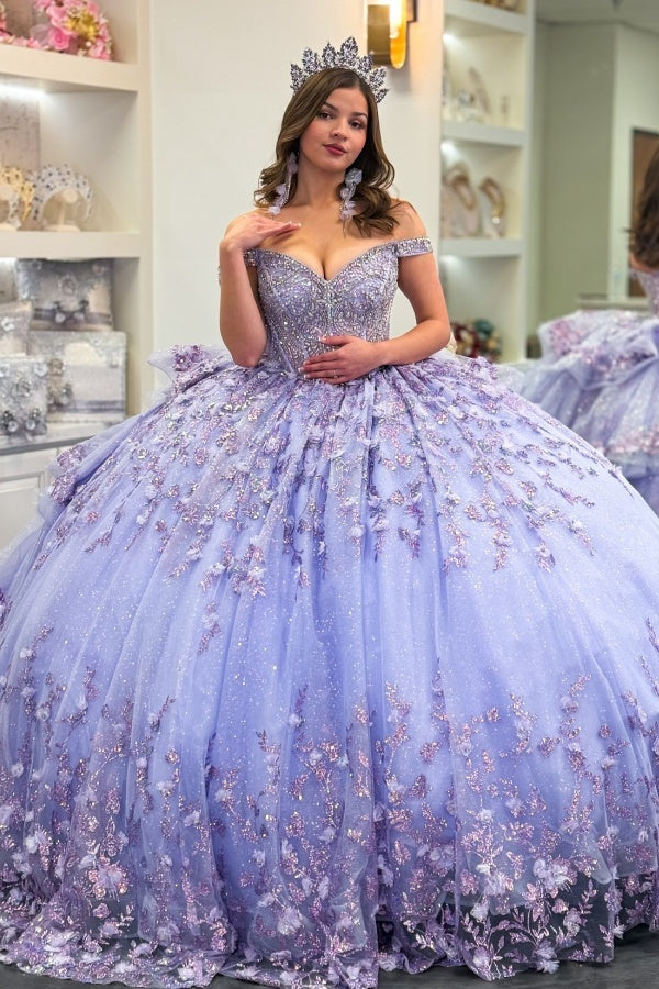Misshow Lilac Sparkle Ball Gown Off-Shoulder Beaded Quinceanera Dress with 3D Floral Appliques & Tiered Tulle Skirt for Sweet 16 & Birthday Parties
