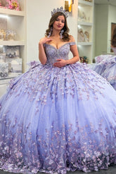 Misshow Lilac Sparkle Ball Gown Off-Shoulder Beaded Quinceanera Dress with 3D Floral Appliques & Tiered Tulle Skirt for Sweet 16 & Birthday Parties