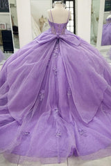 Misshow Lilac Sparkle Ball Gown Sweetheart Neckline with 3D Beaded Flowers & Pleated Bow for Quinceanera Sweet 16 or Princess Birthday Party