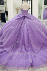 Misshow Lilac Sparkle Ball Gown Sweetheart Neckline with 3D Beaded Flowers & Pleated Bow for Quinceanera Sweet 16 or Princess Birthday Party