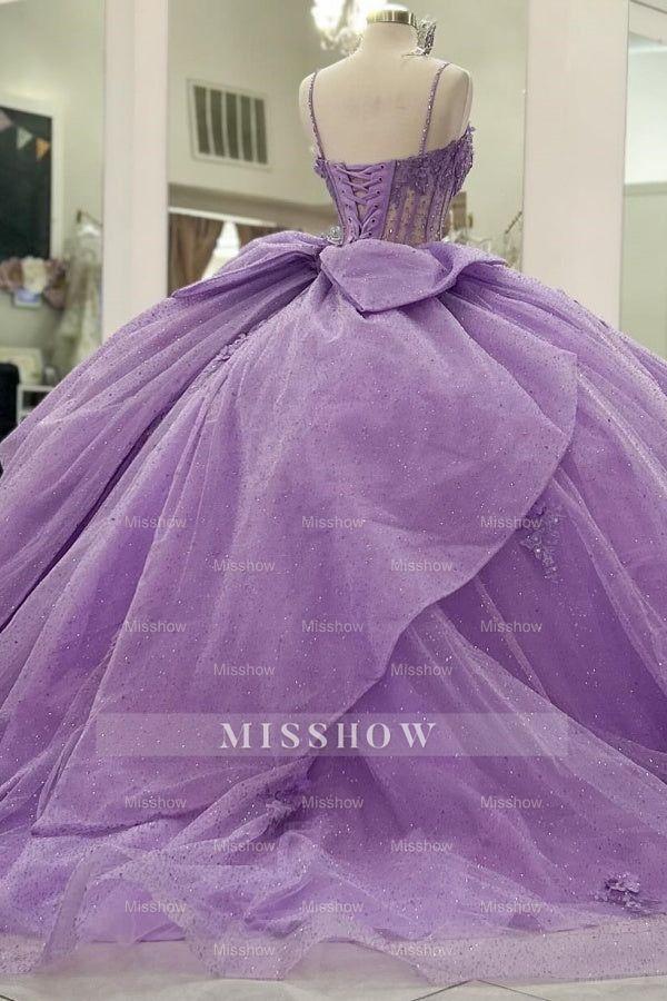 Misshow Lilac Sparkle Ball Gown Sweetheart Neckline with 3D Beaded Flowers & Pleated Bow for Quinceanera Sweet 16 or Princess Birthday Party
