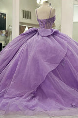 Misshow Lilac Sparkle Ball Gown Sweetheart Neckline with 3D Beaded Flowers & Pleated Bow for Quinceanera Sweet 16 or Princess Birthday Party