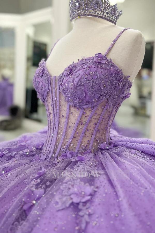 Misshow Lilac Sparkle Ball Gown Sweetheart Neckline with 3D Beaded Flowers & Pleated Bow for Quinceanera Sweet 16 or Princess Birthday Party