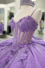 Misshow Lilac Sparkle Ball Gown Sweetheart Neckline with 3D Beaded Flowers & Pleated Bow for Quinceanera Sweet 16 or Princess Birthday Party