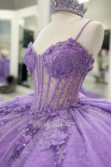 Misshow Lilac Sparkle Ball Gown Sweetheart Neckline with 3D Beaded Flowers & Pleated Bow for Quinceanera Sweet 16 or Princess Birthday Party