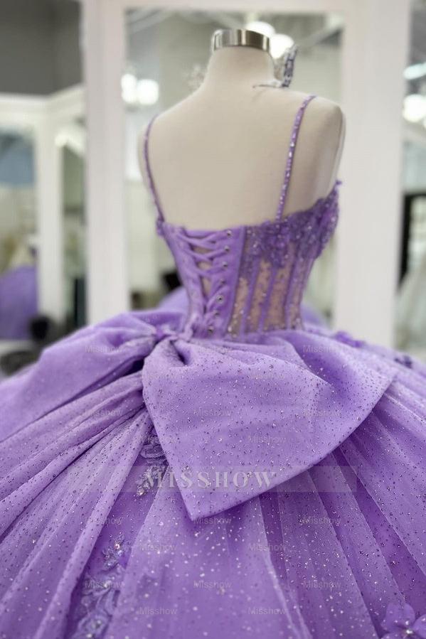Misshow Lilac Sparkle Ball Gown Sweetheart Neckline with 3D Beaded Flowers & Pleated Bow for Quinceanera Sweet 16 or Princess Birthday Party