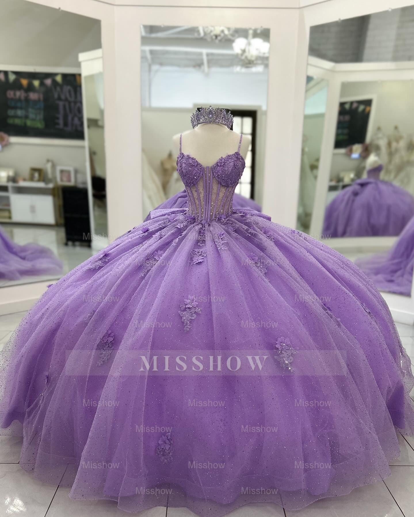 Misshow Lilac Sparkle Ball Gown Sweetheart Neckline with 3D Beaded Flowers & Pleated Bow for Quinceanera Sweet 16 or Princess Birthday Party
