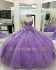 Misshow Lilac Sparkle Ball Gown Sweetheart Neckline with 3D Beaded Flowers & Pleated Bow for Quinceanera Sweet 16 or Princess Birthday Party