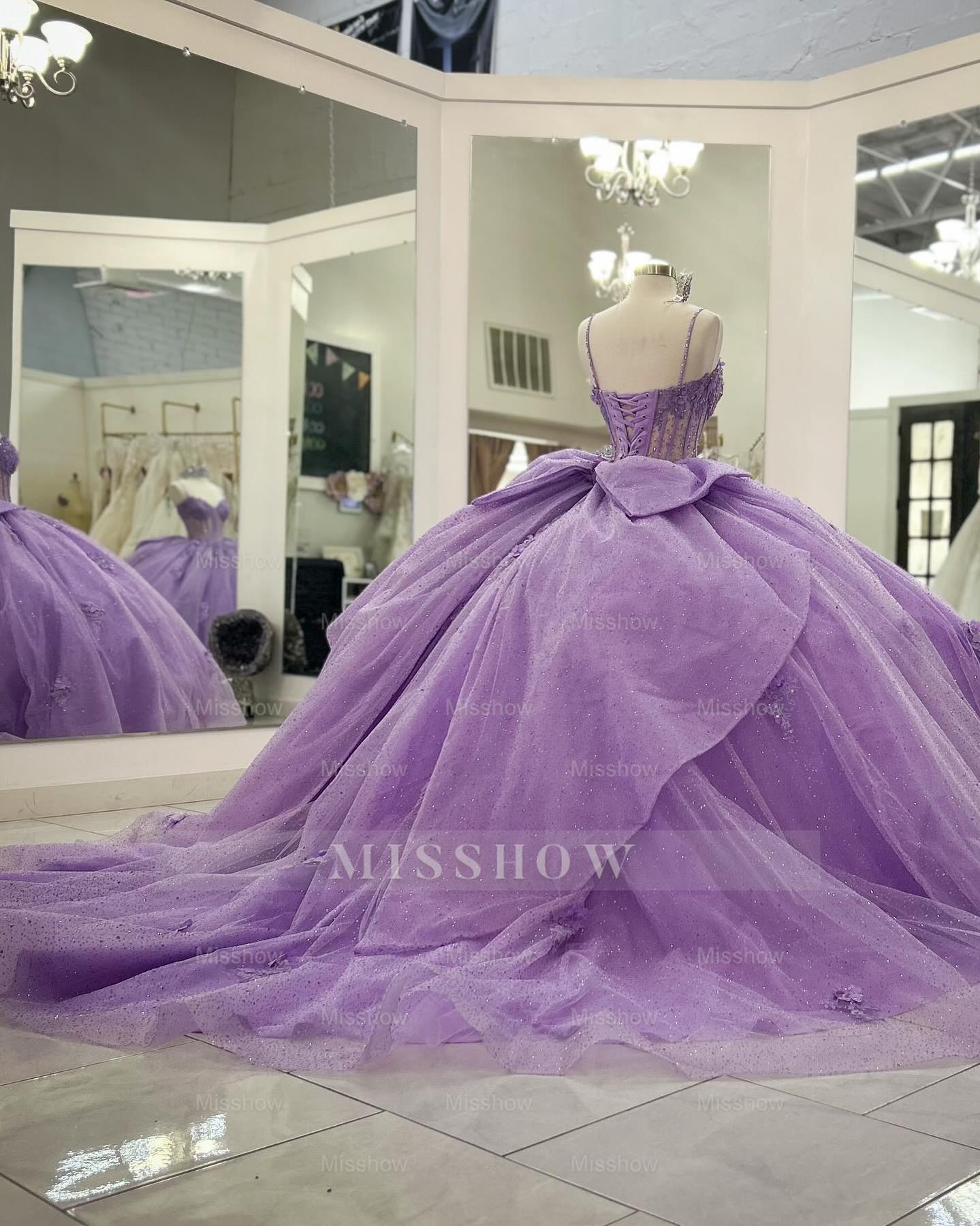 Misshow Lilac Sparkle Ball Gown Sweetheart Neckline with 3D Beaded Flowers & Pleated Bow for Quinceanera Sweet 16 or Princess Birthday Party