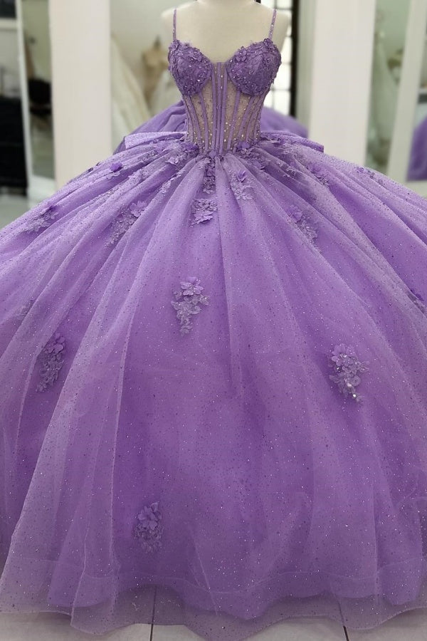 Misshow Lilac Sparkle Ball Gown Sweetheart Neckline with 3D Beaded Flowers & Pleated Bow for Quinceanera Sweet 16 or Princess Birthday Party