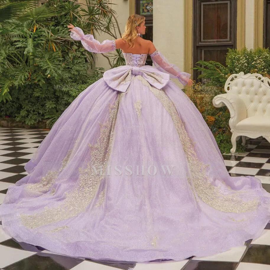 Misshow Lilac Tulle Princess Ball Gown Strapless Long Sleeves with Lace Appliques & Beaded Bow for Quinceanera Sweet 16 & Evening Galas