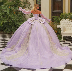 Misshow Lilac Tulle Princess Ball Gown Strapless Long Sleeves with Lace Appliques & Beaded Bow for Quinceanera Sweet 16 & Evening Galas