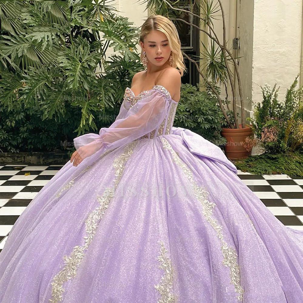 Misshow Lilac Tulle Princess Ball Gown Strapless Long Sleeves with Lace Appliques & Beaded Bow for Quinceanera Sweet 16 & Evening Galas