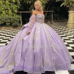 Misshow Lilac Tulle Princess Ball Gown Strapless Long Sleeves with Lace Appliques & Beaded Bow for Quinceanera Sweet 16 & Evening Galas