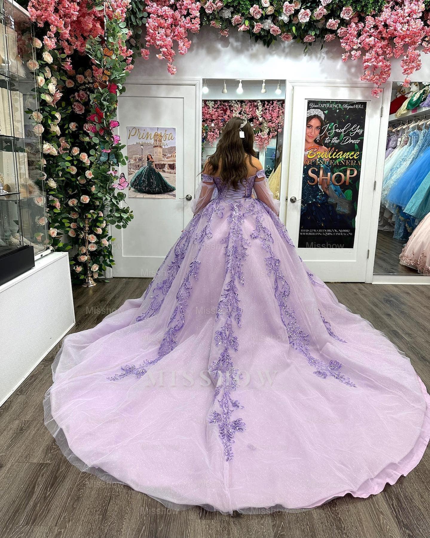 Misshow Lilac Tulle Quinceanera Dress Off-Shoulder Ball Gown with Lace Appliques for Sweet 16 & Evening Galas