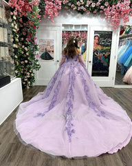 Misshow Lilac Tulle Quinceanera Dress Off-Shoulder Ball Gown with Lace Appliques for Sweet 16 & Evening Galas