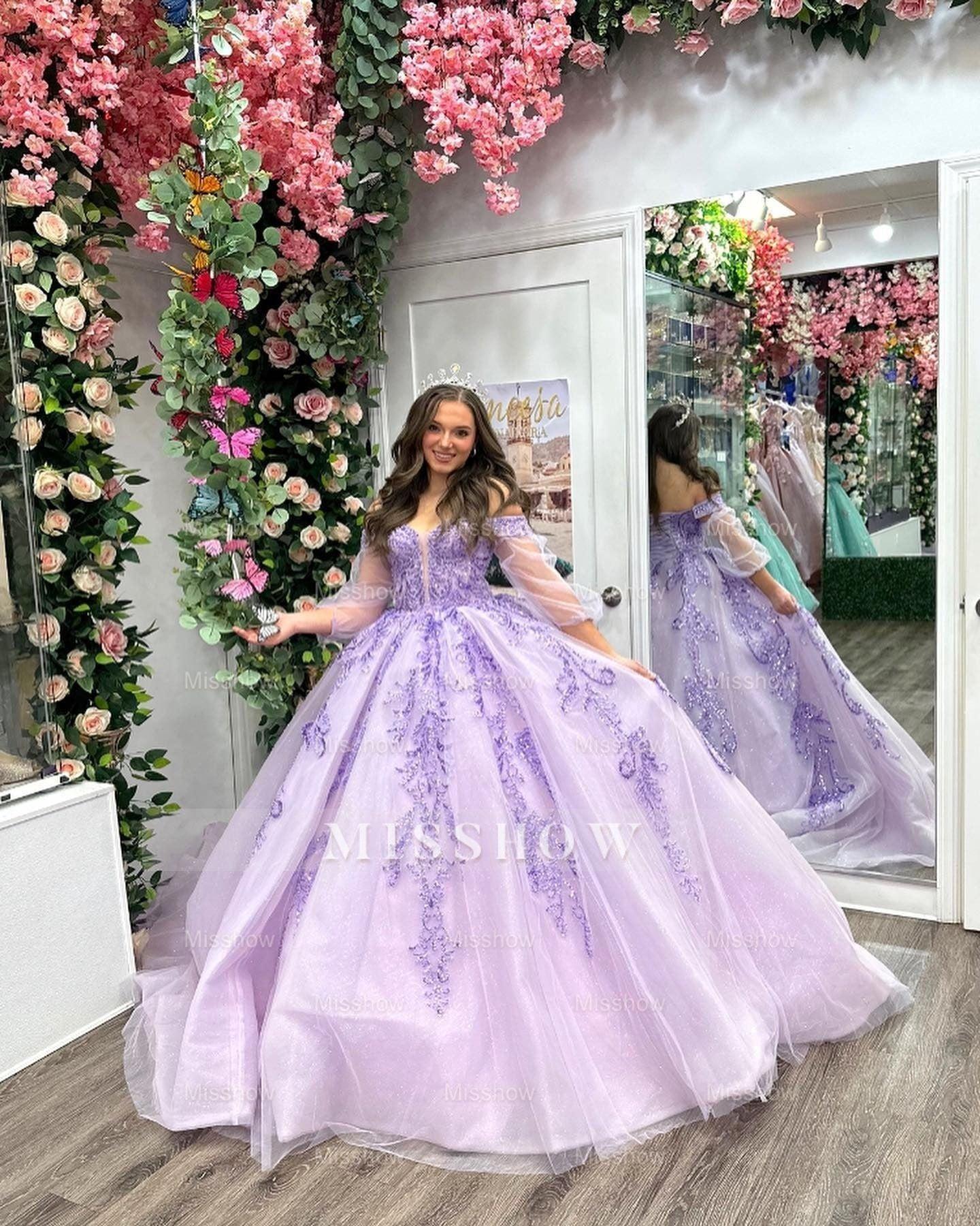 Misshow Lilac Tulle Quinceanera Dress Off-Shoulder Ball Gown with Lace Appliques for Sweet 16 & Evening Galas