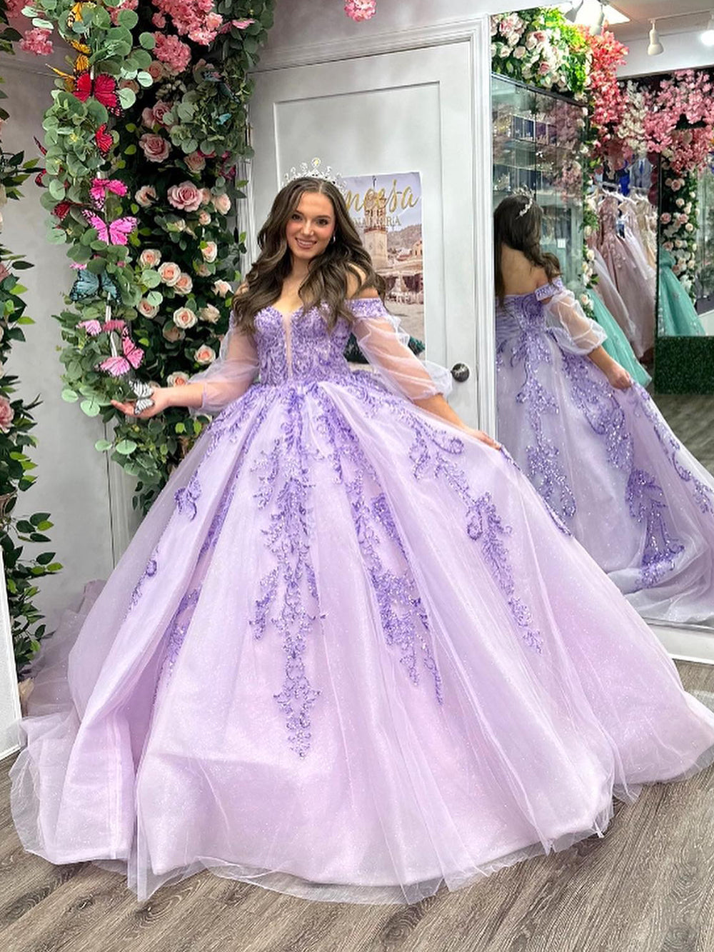 Misshow Lilac Tulle Quinceanera Dress Off-Shoulder Ball Gown with Lace Appliques for Sweet 16 & Evening Galas