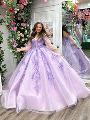 Misshow Lilac Tulle Quinceanera Dress Off-Shoulder Ball Gown with Lace Appliques for Sweet 16 & Evening Galas