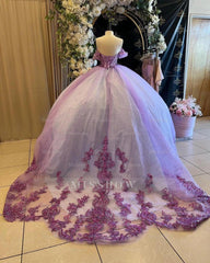 Misshow Lilac Tulle Quinceanera Dress Off-Shoulder Ball Gown with Sequins Beaded Floral Lace Appliques for Sweet 16 & Birthday Parties
