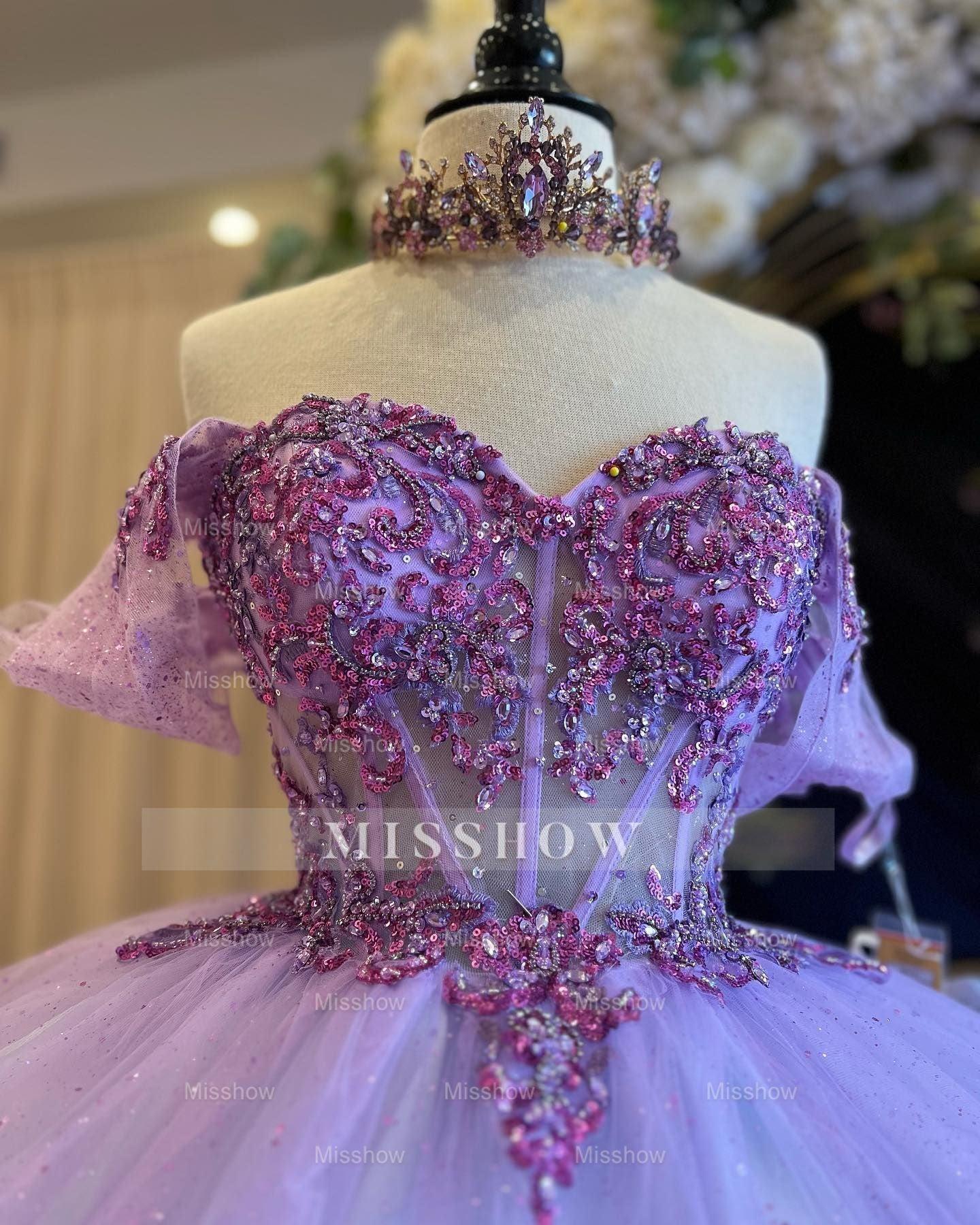 Misshow Lilac Tulle Quinceanera Dress Off-Shoulder Ball Gown with Sequins Beaded Floral Lace Appliques for Sweet 16 & Birthday Parties