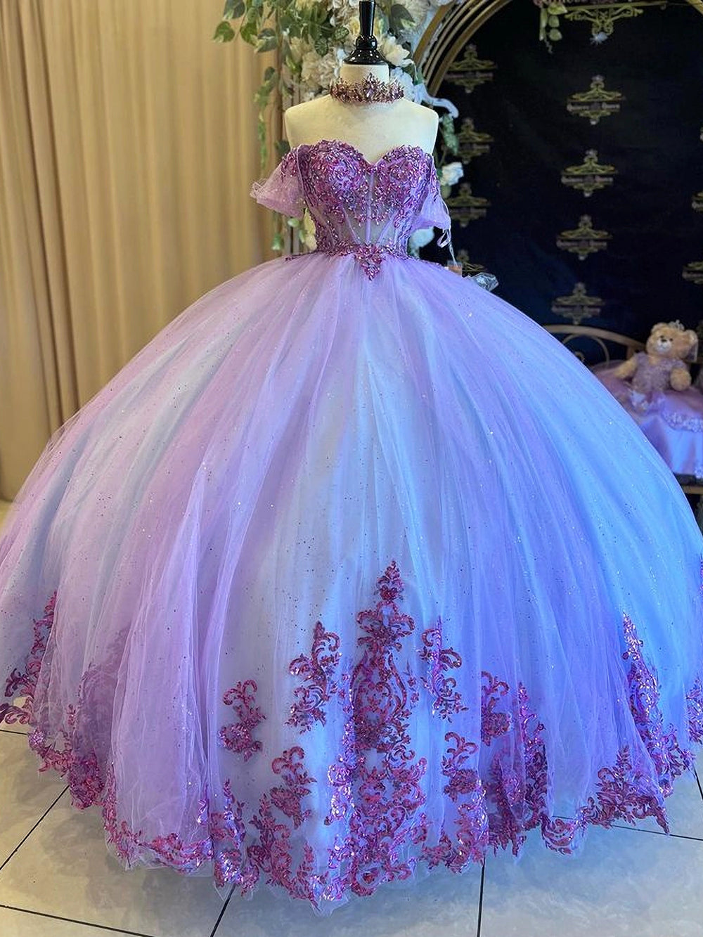 Misshow Lilac Tulle Quinceanera Dress Off-Shoulder Ball Gown with Sequins Beaded Floral Lace Appliques for Sweet 16 & Birthday Parties