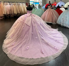 Misshow Lilac Tulle Quinceanera Dress Strapless Ball Gown with 3D Beaded Flowers Lace Appliques & Sweep Train for Sweet 16