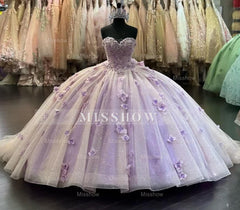 Misshow Lilac Tulle Quinceanera Dress Strapless Ball Gown with 3D Beaded Flowers Lace Appliques & Sweep Train for Sweet 16