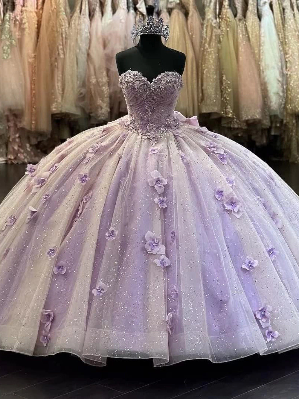 Misshow Lilac Tulle Quinceanera Dress Strapless Ball Gown with 3D Beaded Flowers Lace Appliques & Sweep Train for Sweet 16