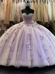 Misshow Lilac Tulle Quinceanera Dress Strapless Ball Gown with 3D Beaded Flowers Lace Appliques & Sweep Train for Sweet 16