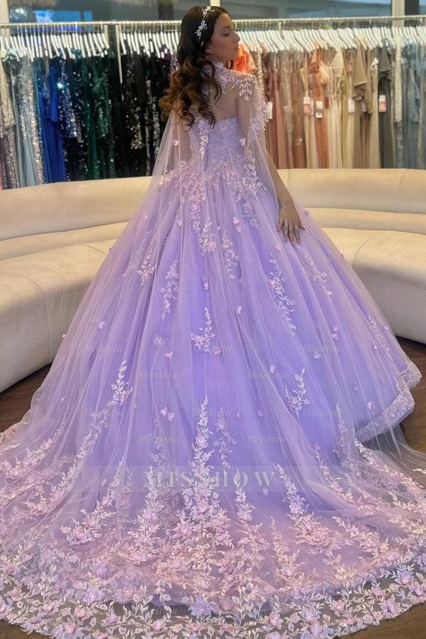 Misshow Lilac Tulle Quinceanera Dress Strapless Ball Gown with Floral Appliques & Detachable Shawl for Sweet 16 Birthday & Evening Events