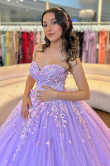 Misshow Lilac Tulle Quinceanera Dress Strapless Ball Gown with Floral Appliques & Detachable Shawl for Sweet 16 Birthday & Evening Events