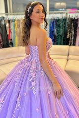 Misshow Lilac Tulle Quinceanera Dress Strapless Ball Gown with Floral Appliques & Detachable Shawl for Sweet 16 Birthday & Evening Events