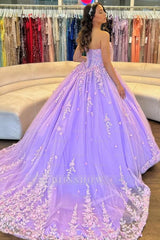 Misshow Lilac Tulle Quinceanera Dress Strapless Ball Gown with Floral Appliques & Detachable Shawl for Sweet 16 Birthday & Evening Events