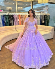 Misshow Lilac Tulle Quinceanera Dress Strapless Ball Gown with Floral Appliques & Detachable Shawl for Sweet 16 Birthday & Evening Events