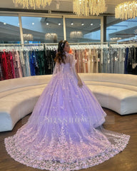 Misshow Lilac Tulle Quinceanera Dress Strapless Ball Gown with Floral Appliques & Detachable Shawl for Sweet 16 Birthday & Evening Events