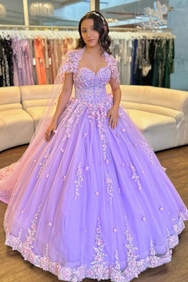 Misshow Lilac Tulle Quinceanera Dress Strapless Ball Gown with Floral Appliques & Detachable Shawl for Sweet 16 Birthday & Evening Events