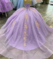 Misshow Lilac Tulle Quinceanera Dress Strapless Ball Gown with Lace Appliques & Sweep Train for Sweet 16
