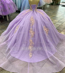 Misshow Lilac Tulle Quinceanera Dress Strapless Ball Gown with Lace Appliques & Sweep Train for Sweet 16