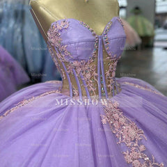 Misshow Lilac Tulle Quinceanera Dress Strapless Ball Gown with Lace Appliques & Sweep Train for Sweet 16