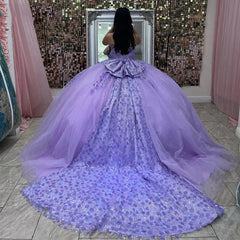 Misshow Lilac Tulle Quinceanera Dress Strapless Ball Gown with Lace Flower Appliques and Beaded Bow Knot for Sweet 16